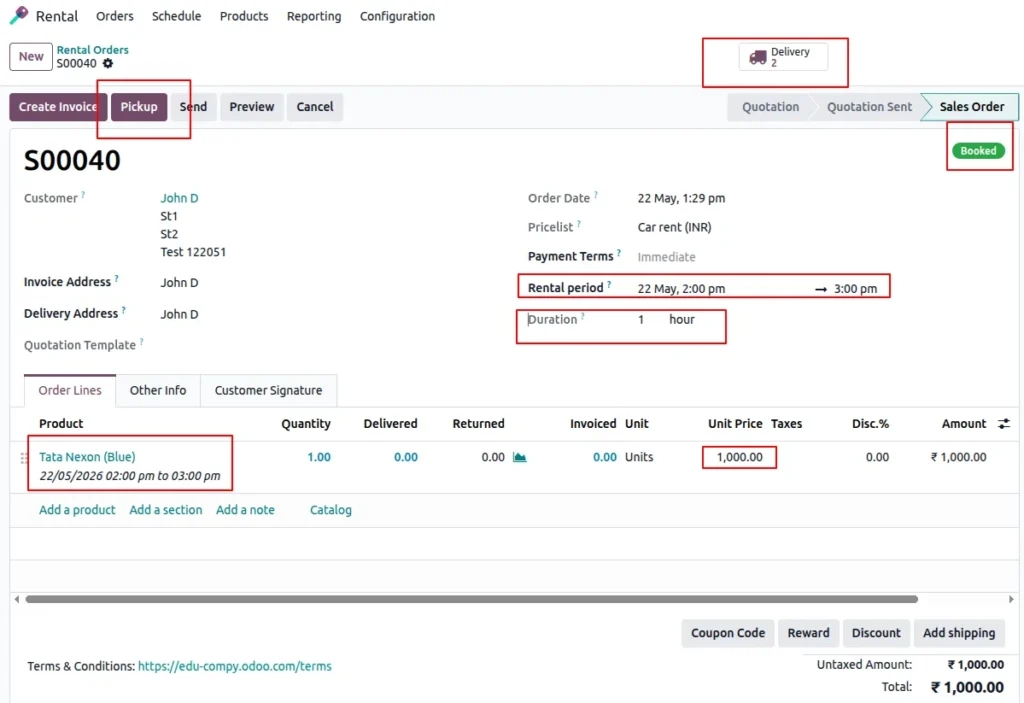 Create Rental Order in Odoo