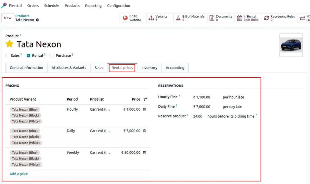 Rental Product Configuration in Odoo