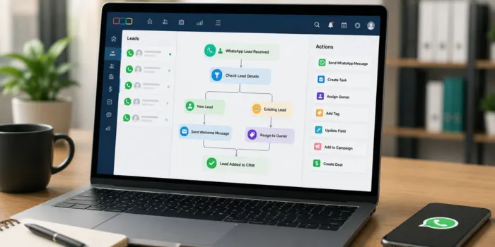 Business laptop showing Zoho CRM workflow automation for WhatsApp leads