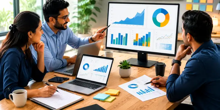 Business team reviewing Zoho Analytics reports and dashboards