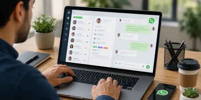 Sales rep managing CRM leads and WhatsApp conversations on laptop